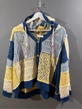 NWOT. Patchwork Openwork V‑Neck Cardigan in Yellow, Blue & Cream
